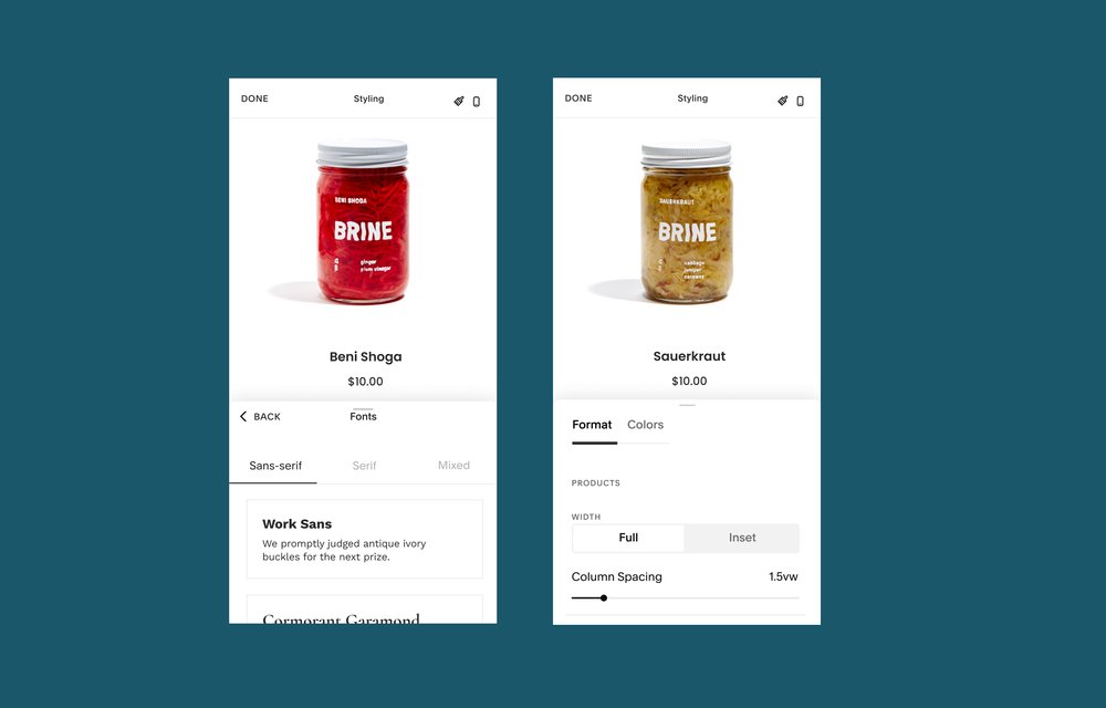 Deux captures d’écran mobiles, côte à côte, illustrant les options de style d’une page produit vendant un pot de Beni Shoga et une vente de Sauerkraut, sur un fond bleu foncé et vert
